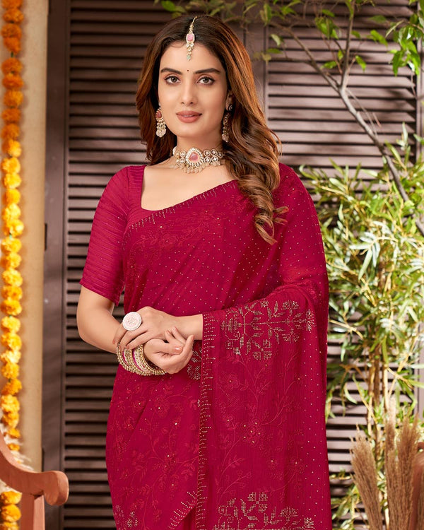 Vishal Prints Burgundy Chiffon Saree With Embroidery And Stone Work