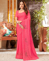 Vishal Prints Red Pink Chiffon Saree With Embroidery And Stone Work