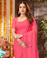 Vishal Prints Red Pink Chiffon Saree With Embroidery And Stone Work