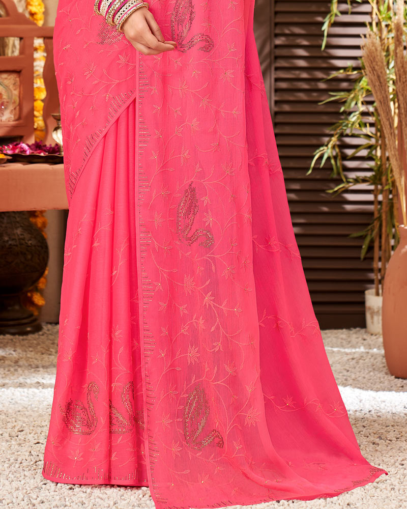 Vishal Prints Red Pink Chiffon Saree With Embroidery And Stone Work