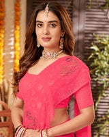 Vishal Prints Red Pink Chiffon Saree With Embroidery And Stone Work