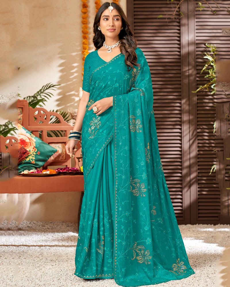 Vishal Prints Teal Green Chiffon Saree With Embroidery And Stone Work