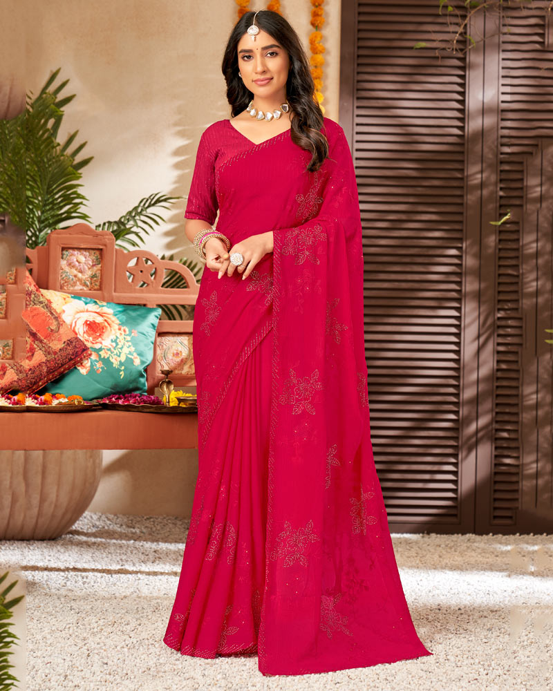 Vishal Prints Cherry Red Chiffon Saree With Embroidery And Stone Work