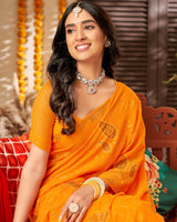 Vishal Prints Orange Chiffon Saree With Embroidery And Stone Work