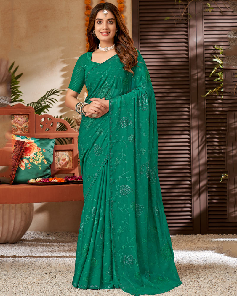 Vishal Prints Deep Sea Green Chiffon Saree With Embroidery And Stone Work