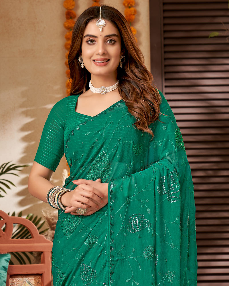 Vishal Prints Deep Sea Green Chiffon Saree With Embroidery And Stone Work