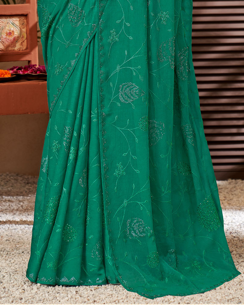 Vishal Prints Deep Sea Green Chiffon Saree With Embroidery And Stone Work