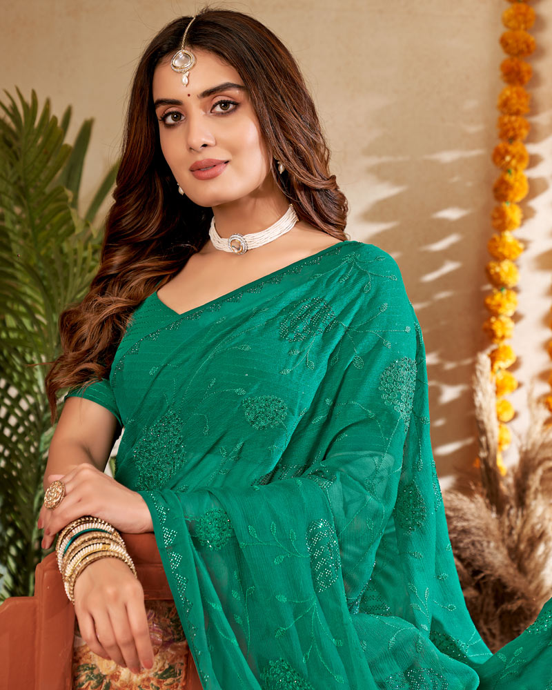 Vishal Prints Deep Sea Green Chiffon Saree With Embroidery And Stone Work