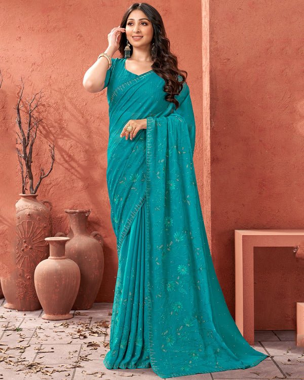 Vishal Prints Teal Blue Designer Chiffon Saree With Embroidery Diamond Work And Core Piping