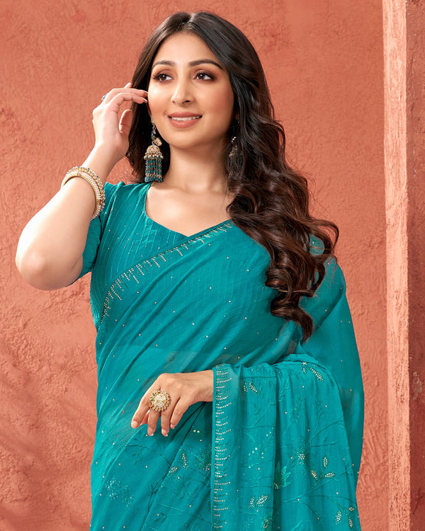 Vishal Prints Teal Blue Designer Chiffon Saree With Embroidery Diamond Work And Core Piping