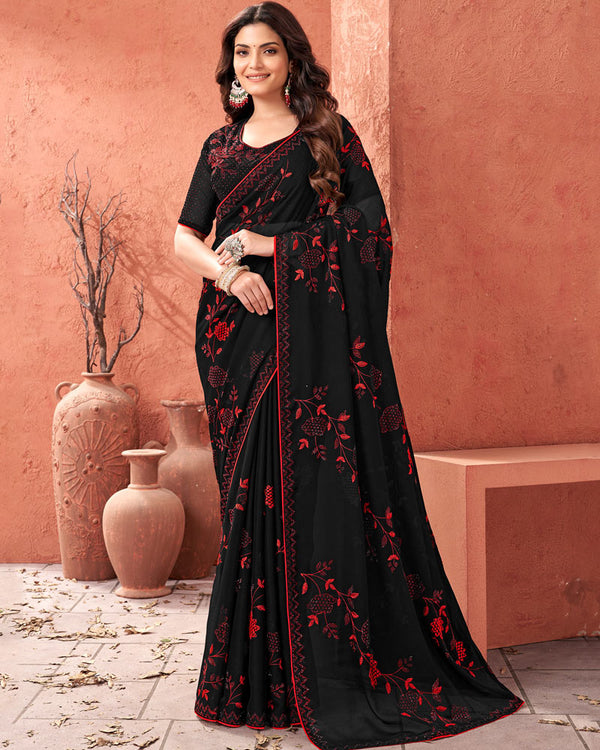 Vishal Prints Black Designer Chiffon Saree With Embroidery Diamond Work And Core Piping