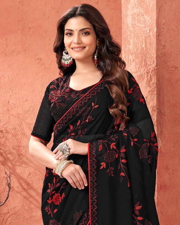 Vishal Prints Black Designer Chiffon Saree With Embroidery Diamond Work And Core Piping