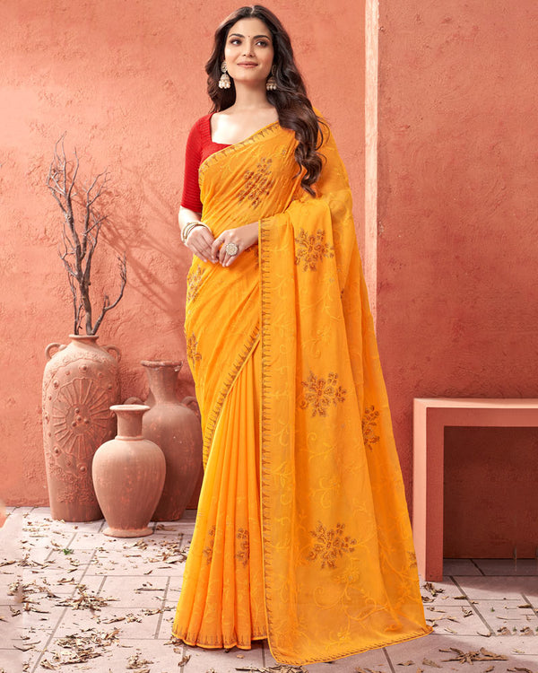 Vishal Prints Saffron Color Designer Chiffon Saree With Embroidery Diamond Work And Core Piping