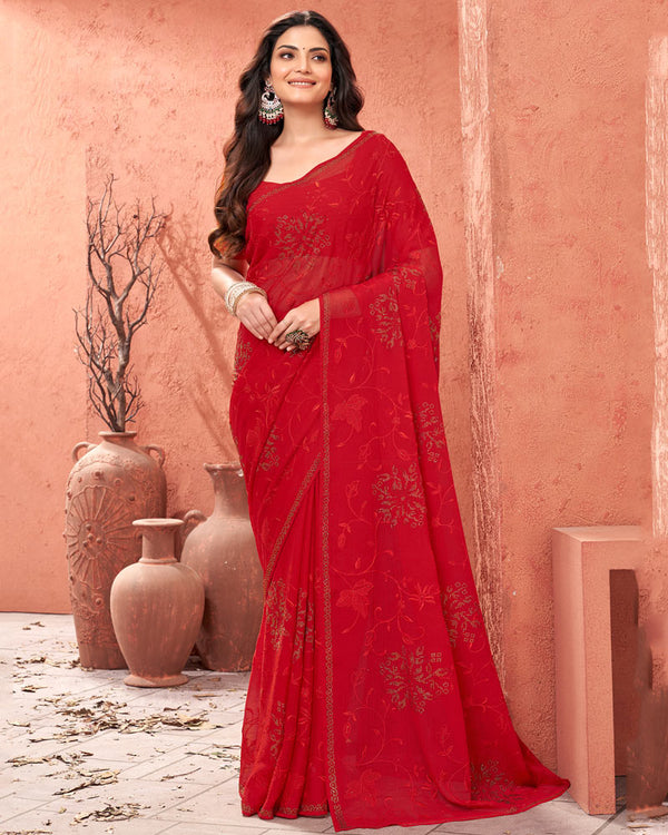 Vishal Prints Cherry Red Designer Chiffon Saree With Embroidery Diamond Work And Core Piping