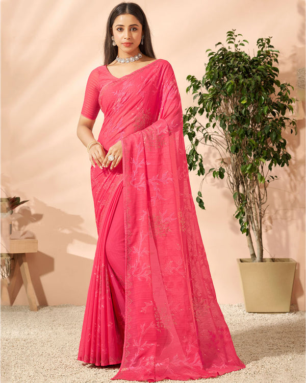 Vishal Prints Carnation Pink Designer Chiffon Saree With Embroidery Diamond Work And Core Piping