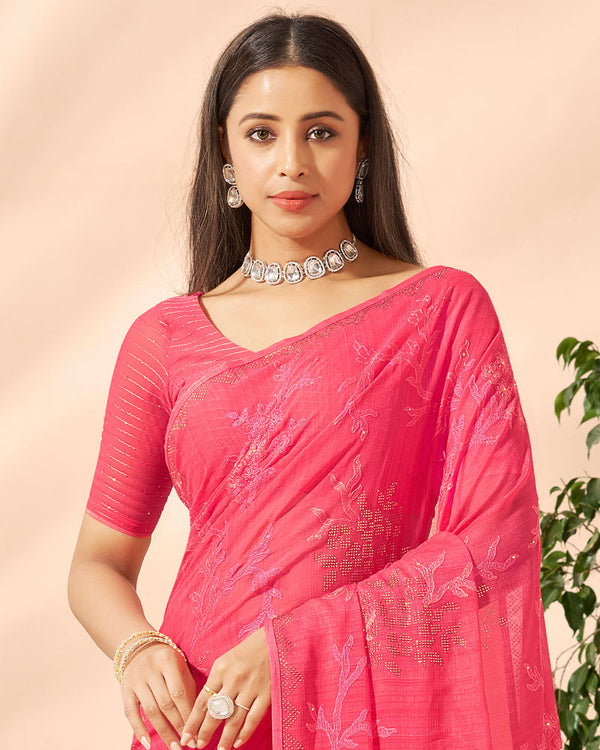 Vishal Prints Carnation Pink Designer Chiffon Saree With Embroidery Diamond Work And Core Piping