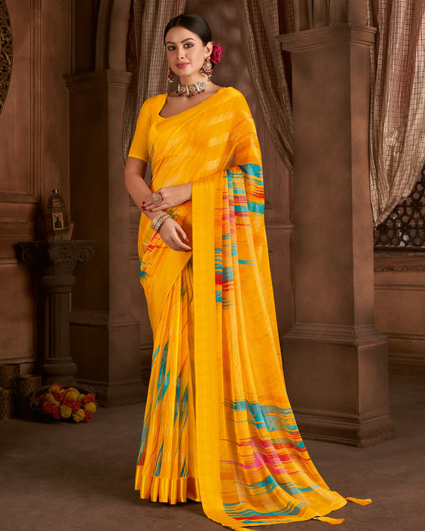 Vishal Prints Golden Yellow Printed Patterned Chiffon Saree With Weaved Satin Patta And Tassel