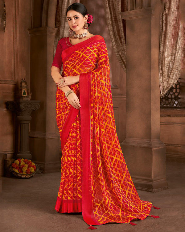 Vishal Prints Cherry Red Printed Patterned Chiffon Saree With Weaved Satin Patta And Tassel