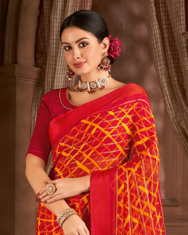 Vishal Prints Cherry Red Printed Patterned Chiffon Saree With Weaved Satin Patta And Tassel