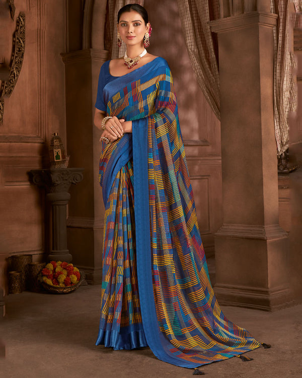 Vishal Prints Ink Blue Printed Patterned Chiffon Saree With Weaved Satin Patta And Tassel