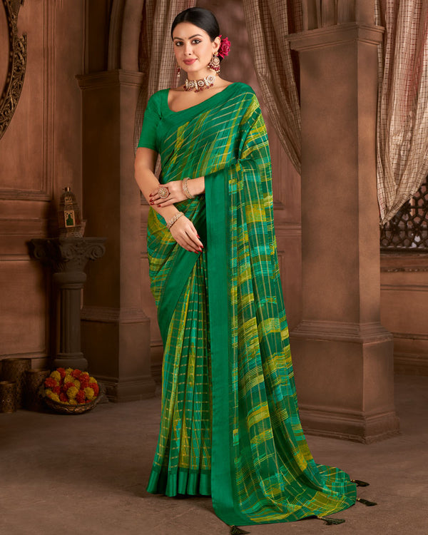 Vishal Prints Dark Green Printed Patterned Chiffon Saree With Weaved Satin Patta And Tassel