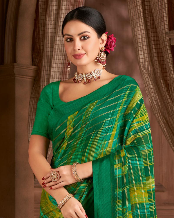 Vishal Prints Dark Green Printed Patterned Chiffon Saree With Weaved Satin Patta And Tassel