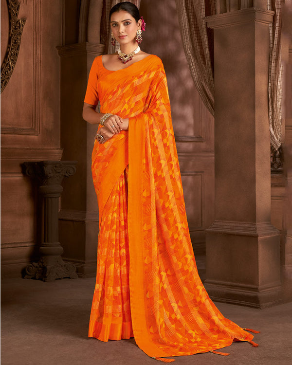 Vishal Prints Blaze Orange Printed Patterned Chiffon Saree With Weaved Satin Patta And Tassel