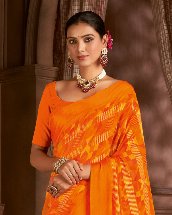 Vishal Prints Blaze Orange Printed Patterned Chiffon Saree With Weaved Satin Patta And Tassel