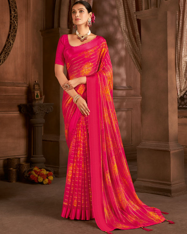 Vishal Prints Red Pink Printed Patterned Chiffon Saree With Weaved Satin Patta And Tassel