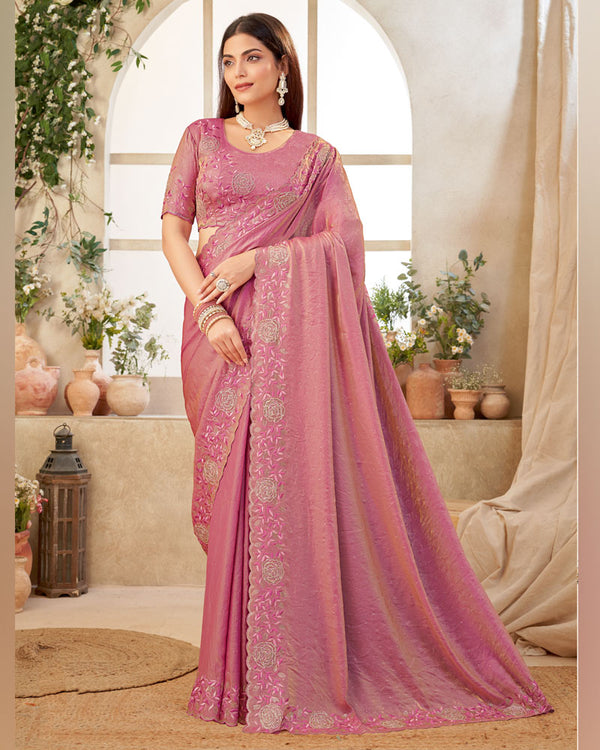 Vishal Prints Cherry Pink Designer Fancy Satin Saree With Embroidery-Swarovski Work And Cut Work Border