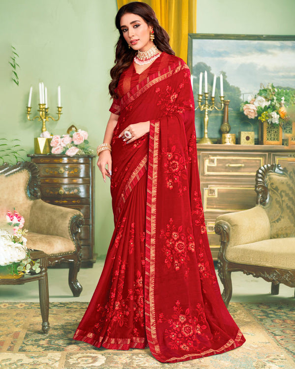 Vishal Prints Wine Red Chiffon Saree With Embroidery Work And Fancy Zari Border