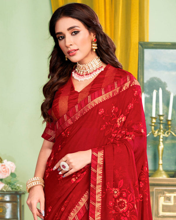 Vishal Prints Wine Red Chiffon Saree With Embroidery Work And Fancy Zari Border