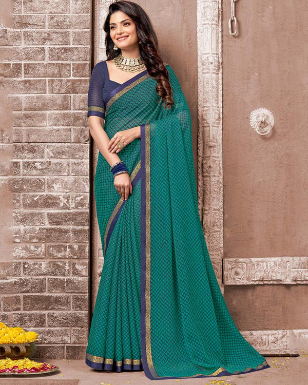 Vishal Prints Teal Green Printed Chiffon Saree With Fancy Border