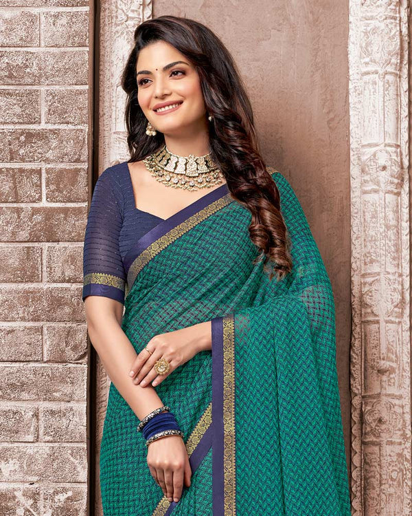 Vishal Prints Teal Green Printed Chiffon Saree With Fancy Border