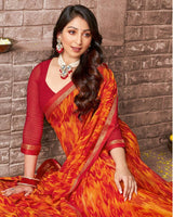 Vishal Prints Yellowish Orange Printed Georgette Saree With Fancy Border