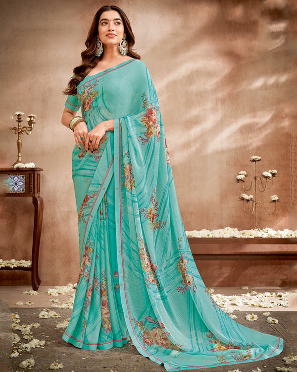 Vishal Prints Persian Blue Printed Patterned Georgette Saree With Fancy Border