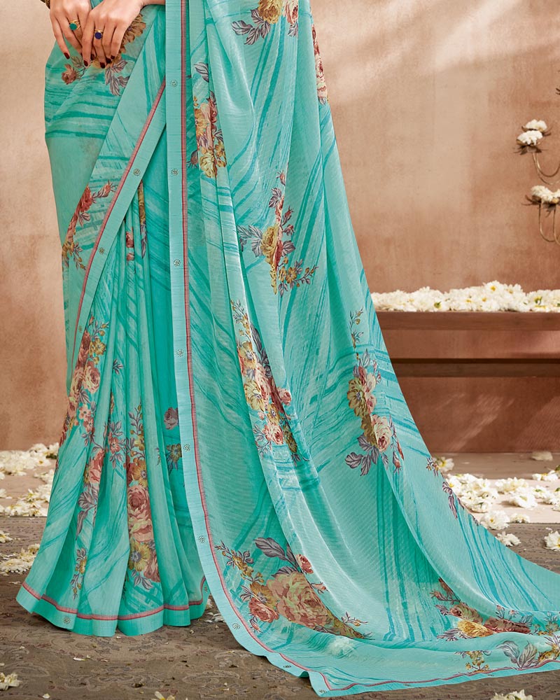 Vishal Prints Persian Blue Printed Patterned Georgette Saree With Fancy Border