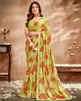 Vishal Prints Light Mehandi Green Printed Patterned Georgette Saree With Fancy Border