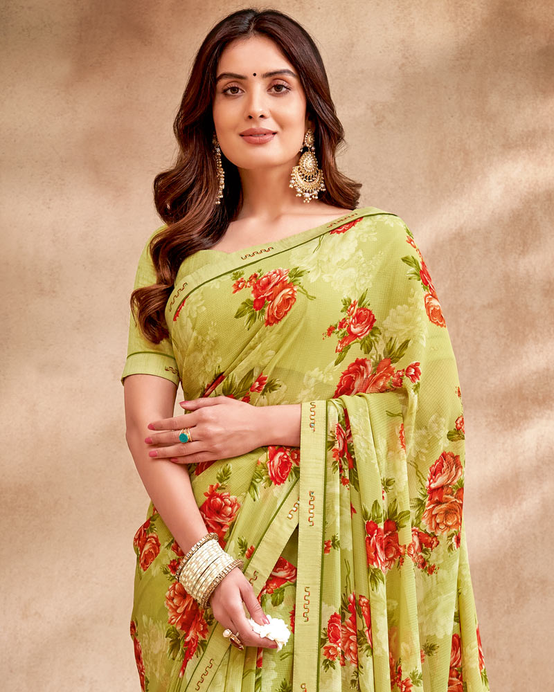 Vishal Prints Light Mehandi Green Printed Patterned Georgette Saree With Fancy Border