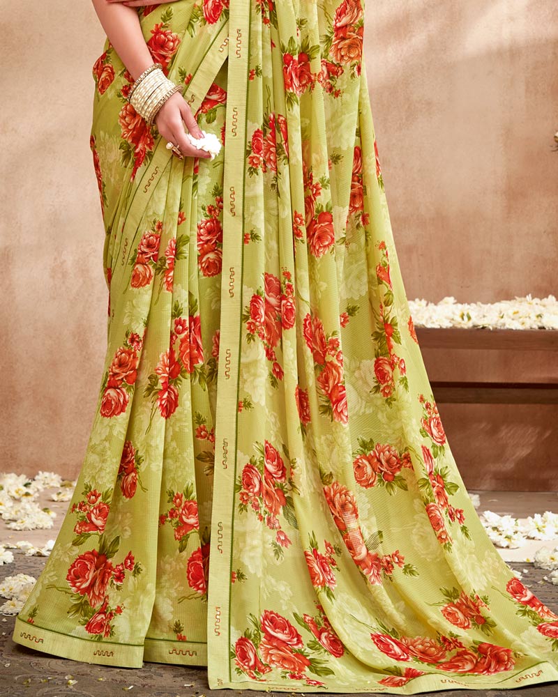 Vishal Prints Light Mehandi Green Printed Patterned Georgette Saree With Fancy Border