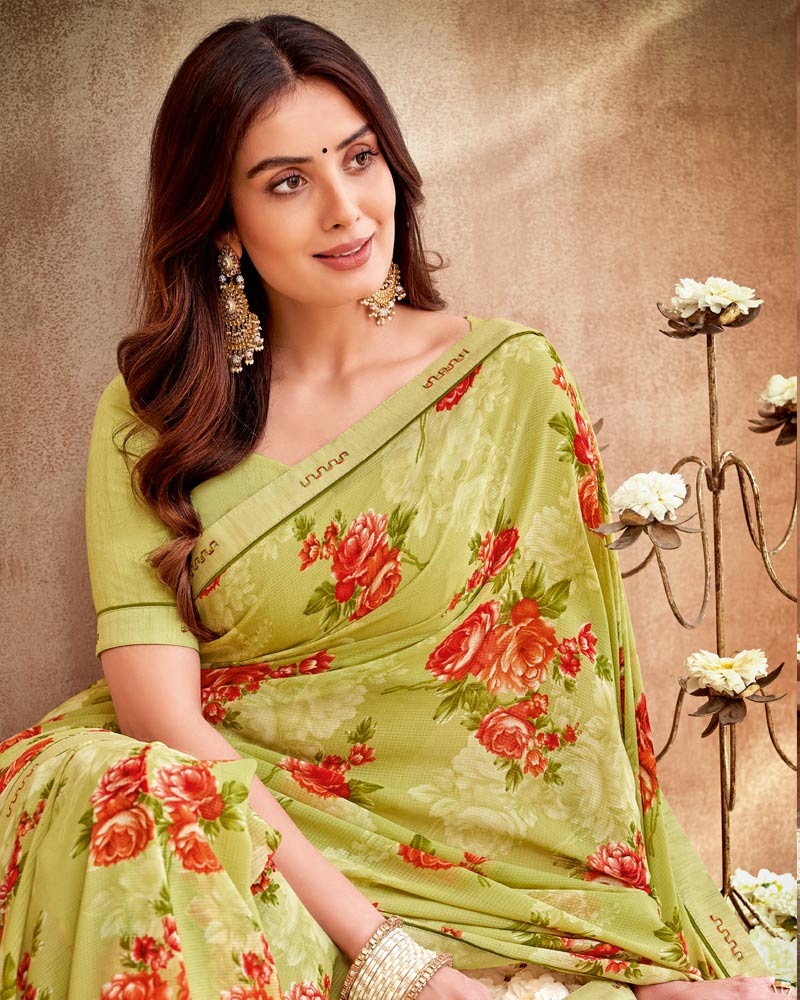 Vishal Prints Light Mehandi Green Printed Patterned Georgette Saree With Fancy Border