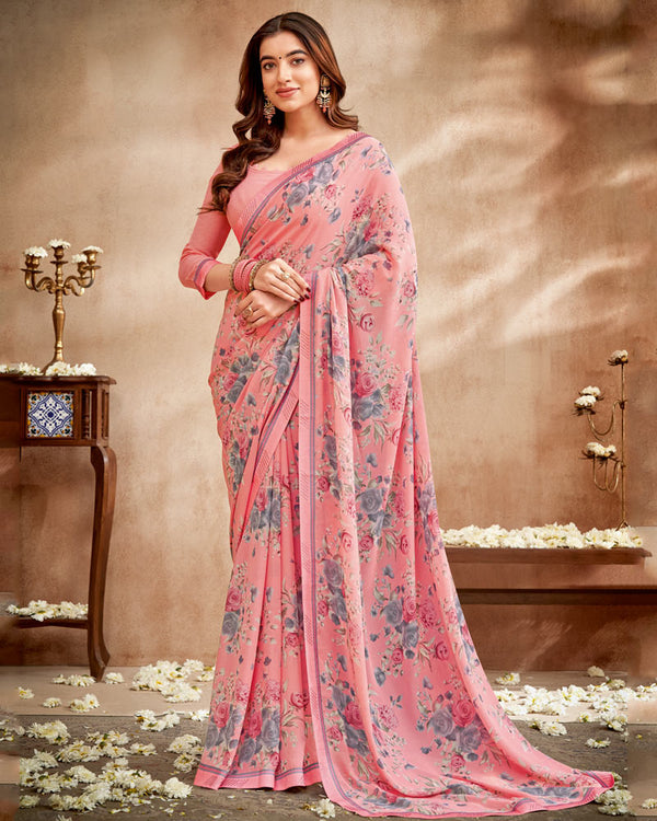 Vishal Prints Daisy Pink Printed Patterned Georgette Saree With Fancy Border