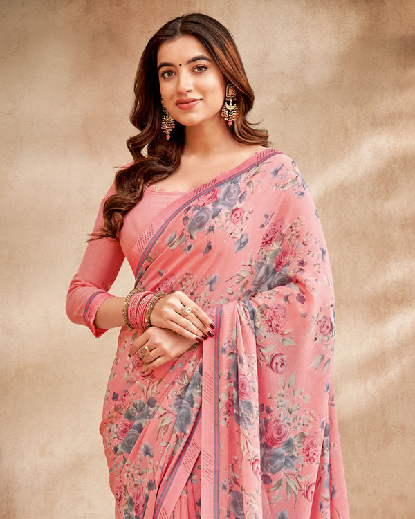 Vishal Prints Daisy Pink Printed Patterned Georgette Saree With Fancy Border