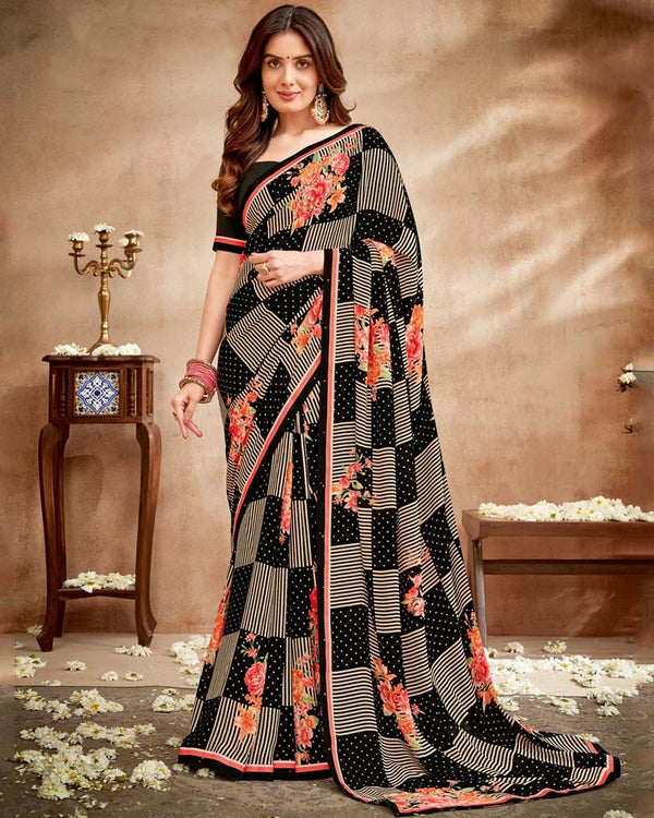 Vishal Prints Black Printed Patterned Georgette Saree With Fancy Border