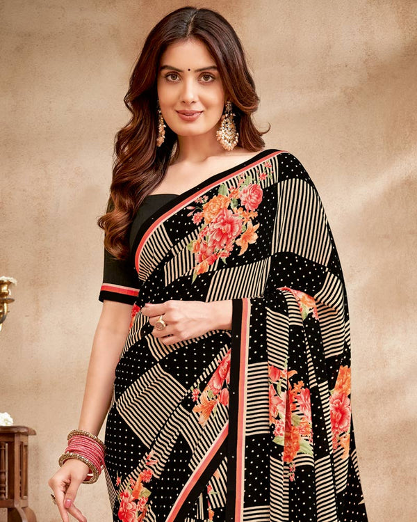 Vishal Prints Black Printed Patterned Georgette Saree With Fancy Border