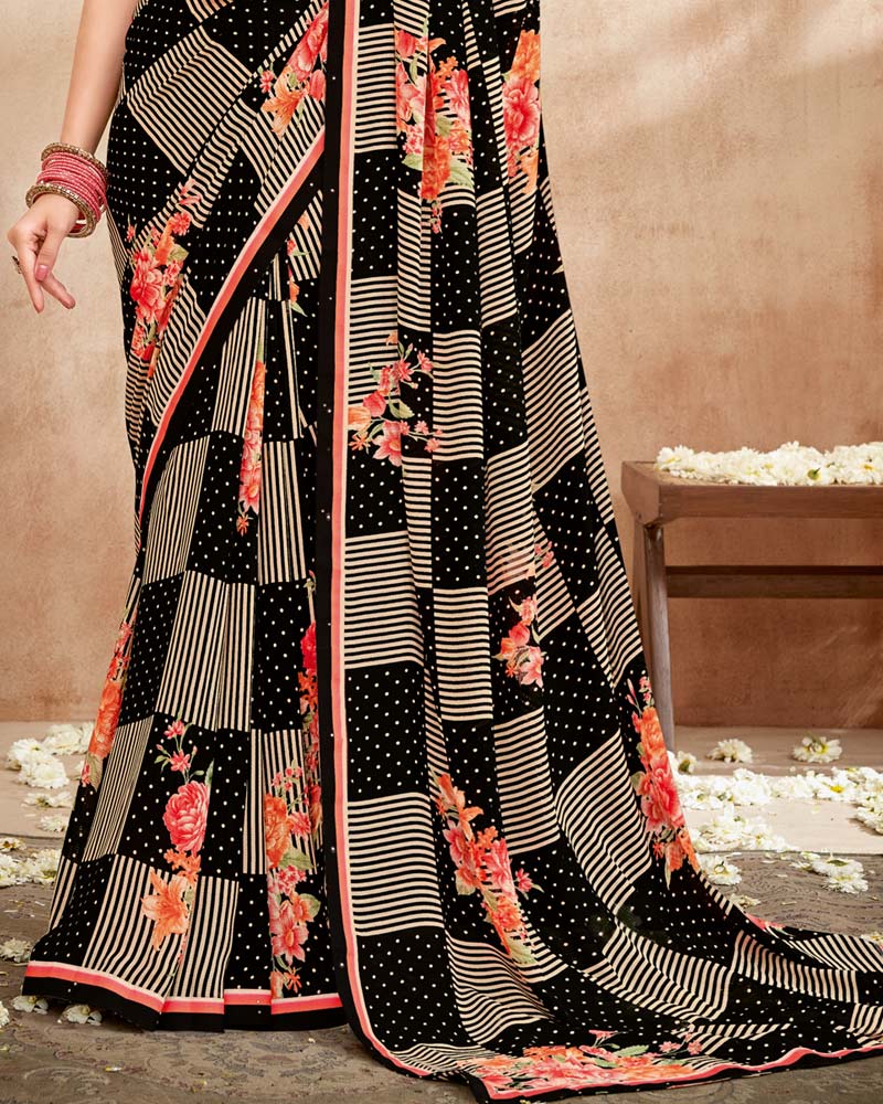 Vishal Prints Black Printed Patterned Georgette Saree With Fancy Border