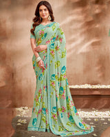 Vishal Prints Light Teal Green Printed Patterned Georgette Saree With Fancy Border