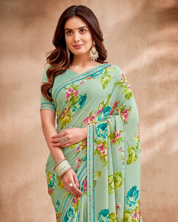 Vishal Prints Light Teal Green Printed Patterned Georgette Saree With Fancy Border