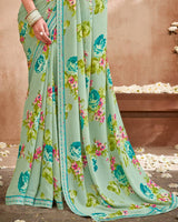 Vishal Prints Light Teal Green Printed Patterned Georgette Saree With Fancy Border