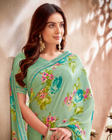 Vishal Prints Light Teal Green Printed Patterned Georgette Saree With Fancy Border